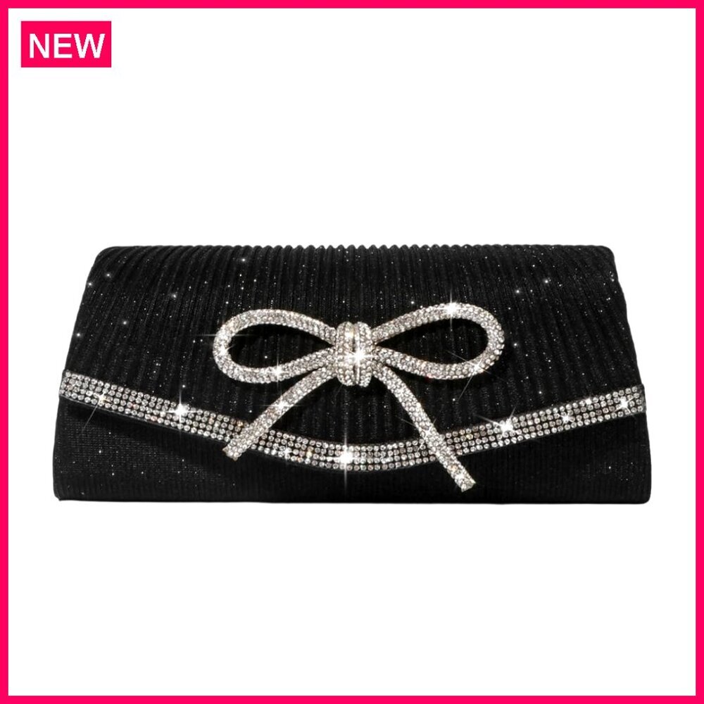 Sparkly Rhinestone Bow Clutch Evening Bag with Detachable Chain Strap